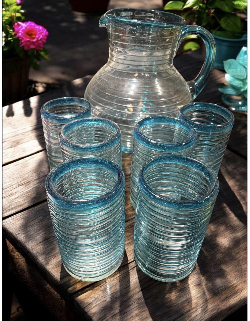 Hand Blown Mexican Drinking Glasses – Set of 6 Glasses/Pitcher Aqua Spiral